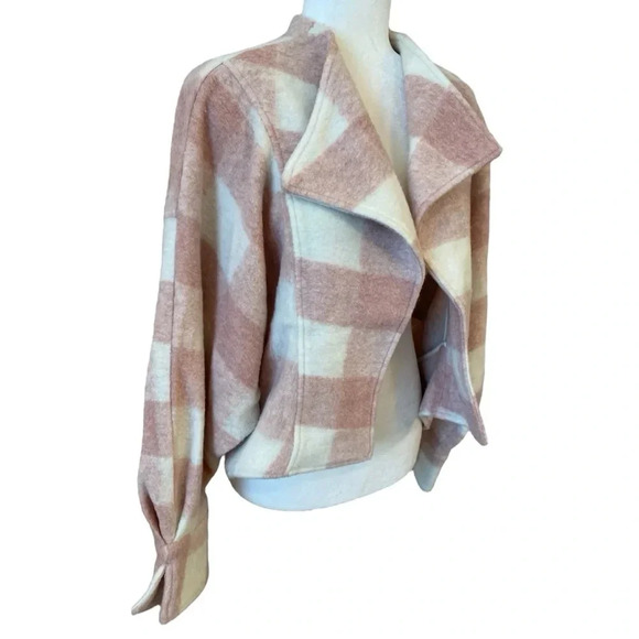 Anthropologie Ett:Twa Pink Buffalo Check Thick Open Shacket Coatigan Size Small - Picture 4 of 9
